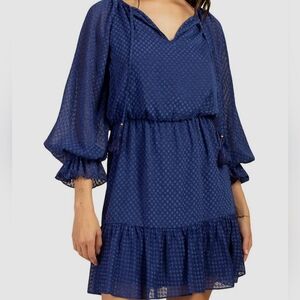 Trina Turk mini dress L royal blue Viti peasant ruffles flowy bohochic new $278